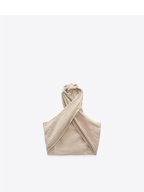 Zara Beige Crisscross Halter linen Top XS